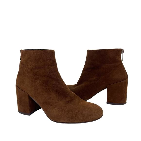 STUART WEITZMAN Bacari Camel Tan Brown Suede Back Zip Pull-On Ankle Booties 5.5 - Picture 2 of 10